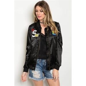 🆕Black satin patch bomber jacket